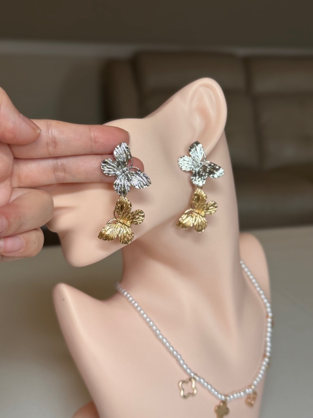 Silver and Gold Butterfly Statement Drop Earrings - Picture 7 of 9